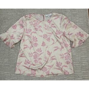 CeCe White Pink Floral Blouse Tunic Top Round Neck Ruffle 1/2 Sleeve Satiny M